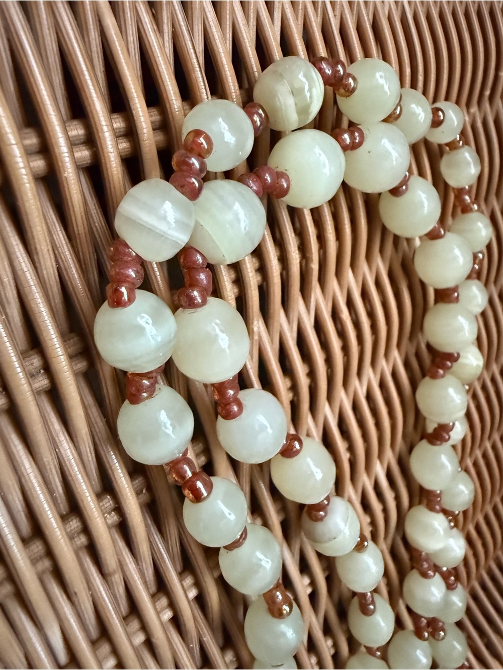 Long Pale Green Striped Bead Necklace Brown Seed Beads Boho